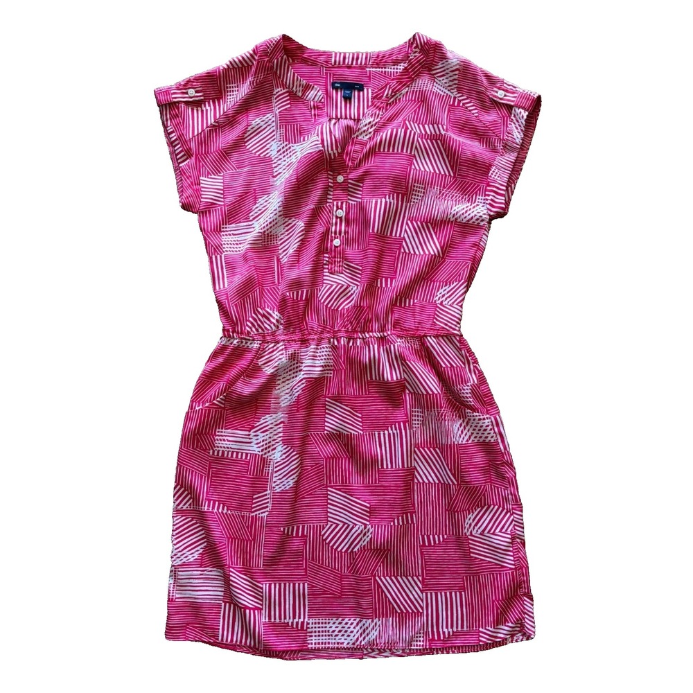 Gap Pink White‎ Geometric Print Cap Sleeve Mini Dress Pockets Size Small